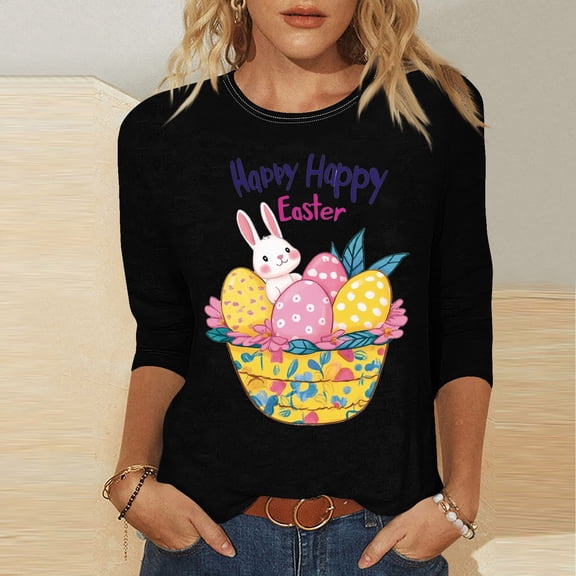 Xixinqiwan Women's Easter 3/4 Sleeve Shirt,Womens Happy Easter Day Round Neck Shirt Cute Three Quarter Length Tunic Casual Christian Tops