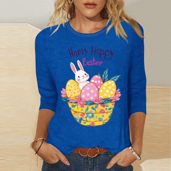 Xixinqiwan Women's Easter 3/4 Sleeve Shirt,Womens Happy Easter Day Round Neck Shirt Cute Three Quarter Length Tunic Casual Christian Tops
