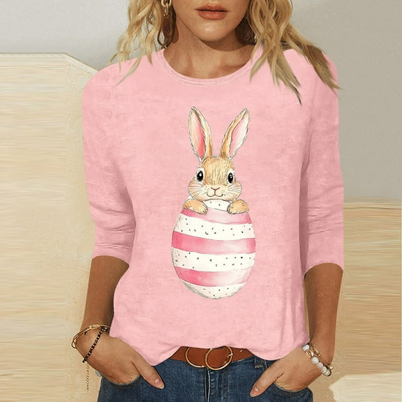 Xixinqiwan Women's Easter Tops 2025,Women 3/4 Sleeve Shirts Cute Bunny Easter Eggs Graphic Shirts Spring Comfortable Basic Colorful Tops Blouse