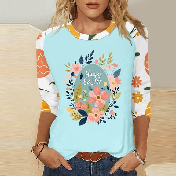 Xixinqiwan Women's Easter Tops 2025,Women's 3/4 Length Sleeve Easter Egg and Bunny Print Shirt Round Neck Casual Tunic Tee Tops