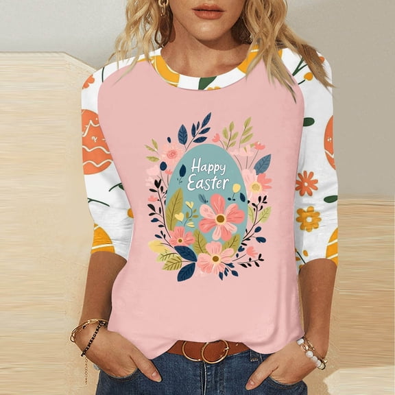 Xixinqiwan Women's Easter Tops 2025,Women's 3/4 Length Sleeve Easter Egg and Bunny Print Shirt Round Neck Casual Tunic Tee Tops