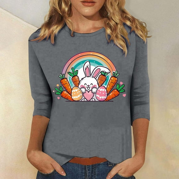 Xixinqiwan Women's Easter Tops Plus Size,Women Eggs Bunny Floral Print T-shirt Elbow 3/4 Sleeves Crew Neck Casual Cute Top Fashion Clothing