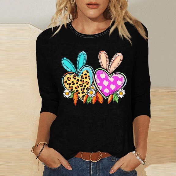 Xixinqiwan Women's Easter Tops Plus Size,Women Plus Size Bunny Eggs Crew Neck Graphic Tshirts Elbow 3/4 Sleeve Happy Easter Casual Festival T Shirts
