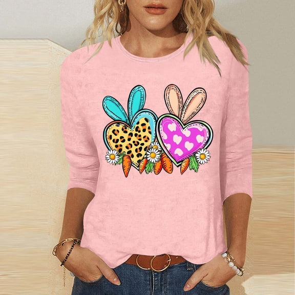 Xixinqiwan Women's Easter Tops Plus Size,Women Plus Size Bunny Eggs Crew Neck Graphic Tshirts Elbow 3/4 Sleeve Happy Easter Casual Festival T Shirts
