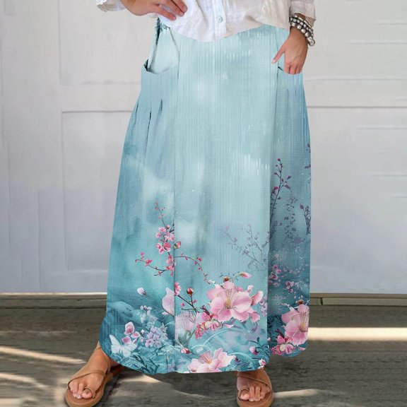 Xixinqiwan Women's Floral Printed Maxi Skirt Elastic Waistband Pleated Pocket Skirt for Summer Beach Vacation
