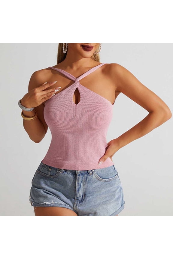 Women's Halter Tops Cross Front Mesh Sleeveless Backless Tank Tops Slim Fit Summer Going Out Camisole