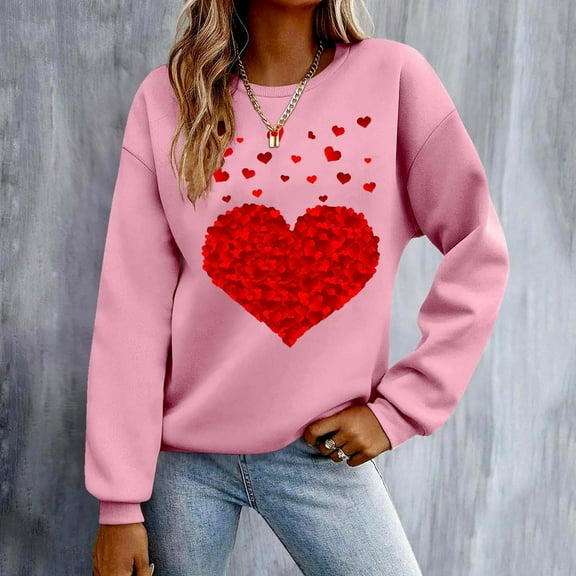 Xixinqiwan Women's Hoodies Valentine's Sweatshirt,Womens Heart Print Crewneck Heart Graphic Shirt Lightweight Comfortable Sweatshirt Long Sleeve Pullover Hoodless Sweater