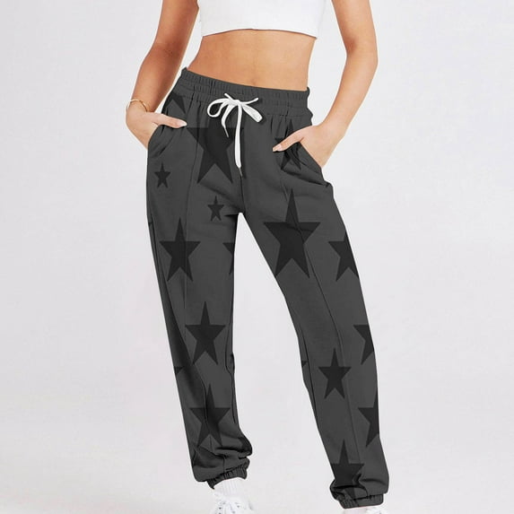 Xixinqiwan Women's Jogger Pants Fashion Star Printed Running Tapered Sweatpants Stretch Drawstring Elastic Waist with Pockets Casual Long Trousers