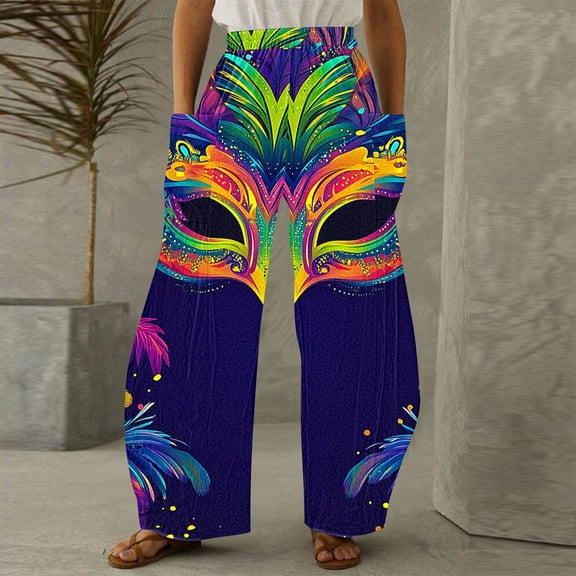 Xixinqiwan Women's Jogger Pants for Mardi Gras,Women's Elastic High Waist Drawstring Loose Pants Mask Graphic Print Trousers Fat Tuesday Carnival Party Outfit