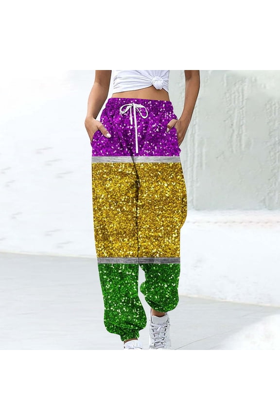 Women's Jogger Pants for Mardi Gras,Womens Wide Leg High Waisted Baggy Drawstring Pants Open Bottoms Jogger Pants with Pockets Masquerade Party Outfit