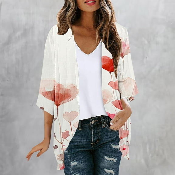 Xixinqiwan Women's Lightweight Open Front Cardigans 3/4 Sleeve Casual Soft Drape Cardigan Beach Wear Cover Up