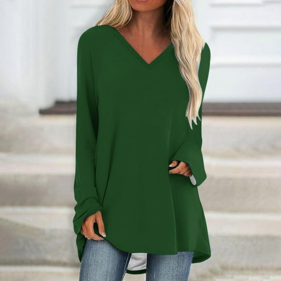 Xixinqiwan Women's Long Sleeve Tunic Tops V-Neck Dressy Casual Blouse Basic Tee