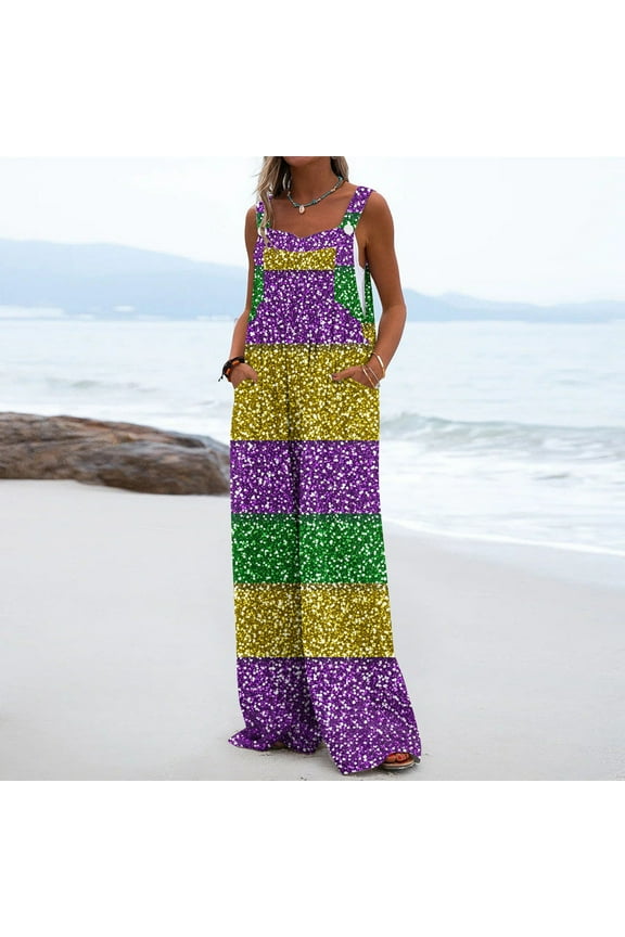 Women's Mardi Gras Clothing,Women's Color Block Print Long Playsuit Carnival Party Jumpsuit Celebration Parade Bib Overalls Sleeveless Wide Leg Rompers with Pockets
