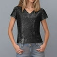 thumbnail image 1 of Xixinqiwan Women's New Solid Color Sequin Glitter Flower Short Sleeve V-neck Top T-shirt, 1 of 9