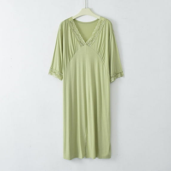 Xixinqiwan Women's Nightgown Plus Size Cotton Short Sleeve Sleep Dress V Neck Nightdress Full Slips Lace Sleepwear Green XL