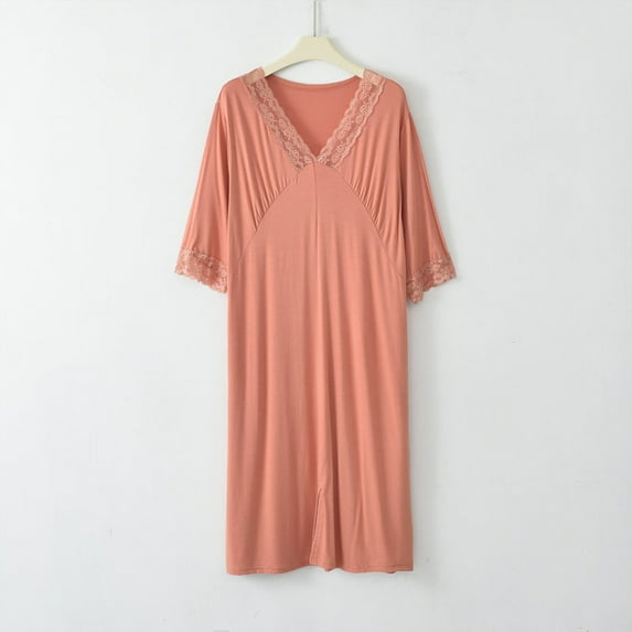 Xixinqiwan Women's Nightgown Plus Size Cotton Short Sleeve Sleep Dress V Neck Nightdress Full Slips Lace Sleepwear Orange XL