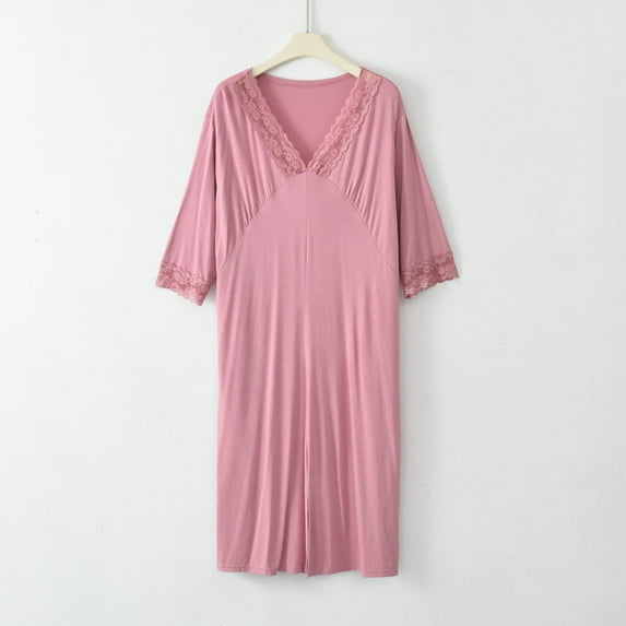 Xixinqiwan Women's Nightgown Plus Size Cotton Short Sleeve Sleep Dress V Neck Nightdress Full Slips Lace Sleepwear Pink L
