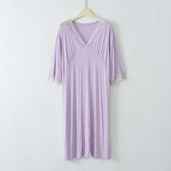 Xixinqiwan Women's Nightgown Plus Size Cotton Short Sleeve Sleep Dress V Neck Nightdress Full Slips Lace Sleepwear Purple L