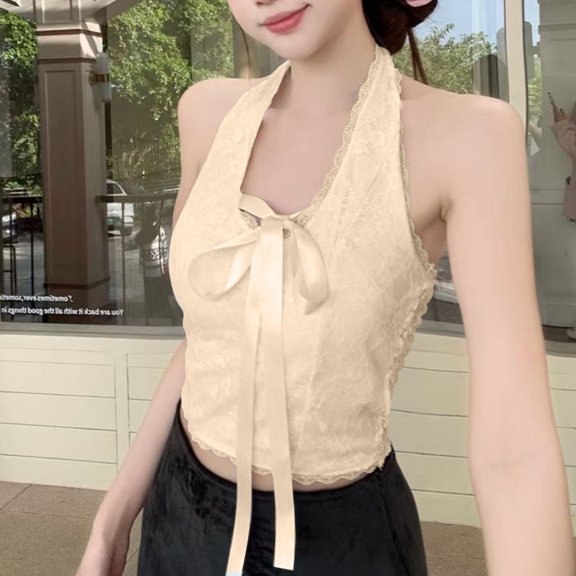 Xixinqiwan Women's Plus Size Halter Tops Draped Front Backless Tank Top Sleeveless Cute Summer Crop Tops