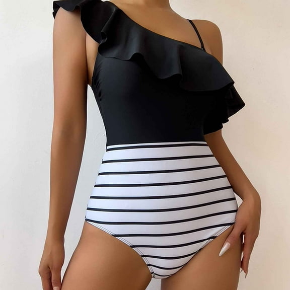 Xixinqiwan Women's Plus Size One Piece Swimsuits,Women Tummy Control One Shoulder Swimsuits Color Block Ruffled Sexy High Waisted Swimwear
