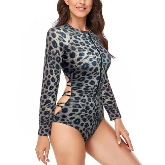 Xixinqiwan Women's Plus Size One Piece Swimsuits,Women's Rash Guard Swimsuits Leopard-print Full Cover Long Sleeve Modest Swimwear Sun Protection Surfing Athletic Swimwear