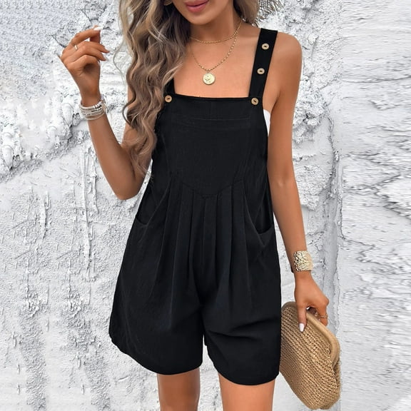 Xixinqiwan Women's Plus Size Overalls Casual Button Sleeveless Romper Adjustable Strap Loose Jumpsuits with Pockets