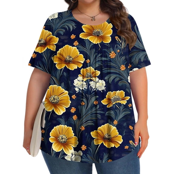 Xixinqiwan Women's Plus Size Tunic Tops Short Sleeve Vintage Printed Casual Summer Blouse Flowy Swing Tops Multicolor L