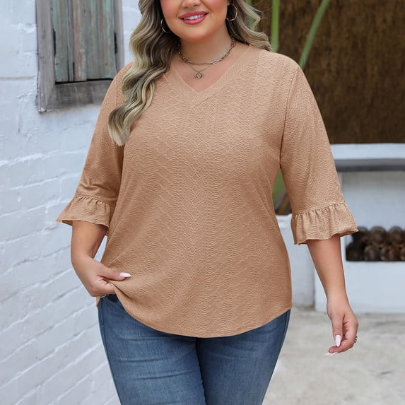 Xixinqiwan Women's Plus Size V Neck T Shirts Summer 3/4 Ruffled Sleeve Tees Casual Loose Fit Cotton Tunic Blouse Tops Coffee XL