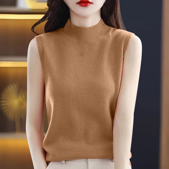 Xixinqiwan Women's Pure Wool Sweater Vest Mock Neck Sleeveless Short Slim Fit Inner Base Sweater Tops