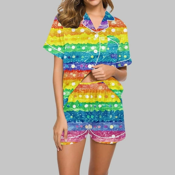 Xixinqiwan Women's Short Pajama Set,Womens Short Sleeve Sleepwear Soft Notch Collar Button Down Pjs Set Nightwear Lounge Sets