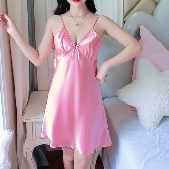 Xixinqiwan Women's Silk Satin Lingerie Dress Slip Casual Dresses for Summer V Neck Loose Under Dresses Pink L