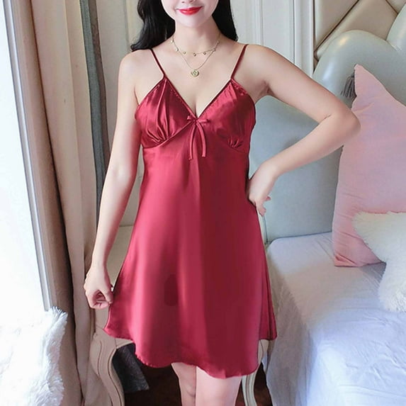 Xixinqiwan Women's Silk Satin Lingerie Dress Slip Casual Dresses for Summer V Neck Loose Under Dresses Wine M