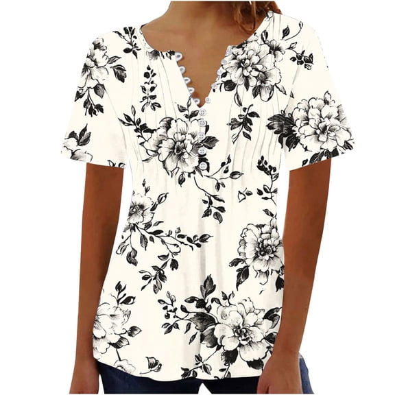Xixinqiwan Women's Summer Boho Floral Shirt Short Sleeve Tunics Blouse V-neck Casual Tops Cute Going Out Tee