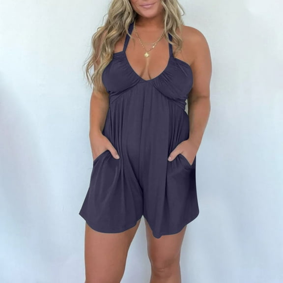 Xixinqiwan Women's Summer Camisole Rompers Crew Neck Sleeveless Ruffle Elastic Waist Shorts Overalls Loose Casual Jumpsuits