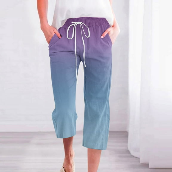 Xixinqiwan Women's Summer Capri Pants Drawstring Casual Loose Wide Leg Straight Cropped Pants Printed Seven Quarter Trousers with Pockets