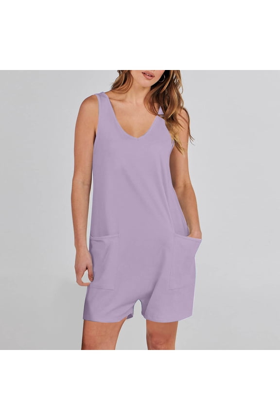 Women's Summer Casual Rompers Plus Size Sleeveless V Neck Onesie Loose Wide Leg Shorts Jumpsuit