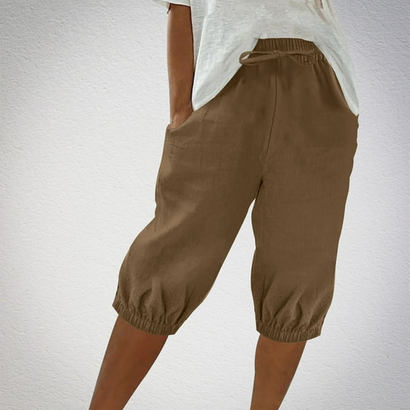 Xixinqiwan Women's Summer Cotton Linen Pants Solid Colour Drawstring Wide Leg Joggers Casual Trousers Plus Size Five Point Pants