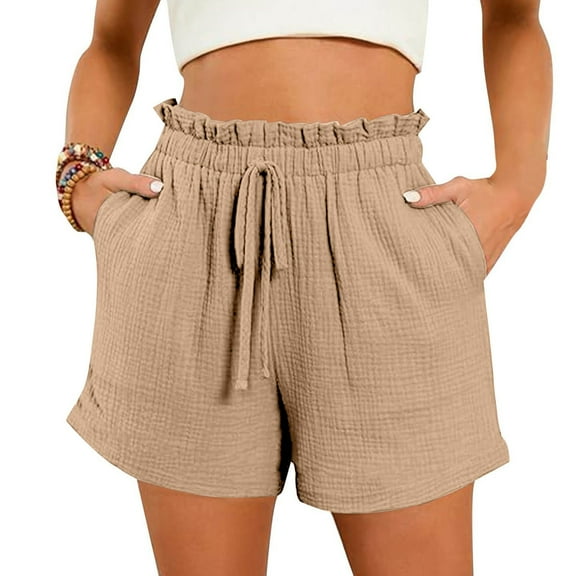 Xixinqiwan Women's Summer Plus Size Shorts,Women's Linen Shorts Elastic High Waisted Drawstring Summer Beach Casual Shorts with Pockets