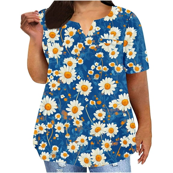 Xixinqiwan Women's Summer Plus Size Tops V-Neck Short Sleeve T-Shirt Floral Printed Loose Tunic Blouse Navy L