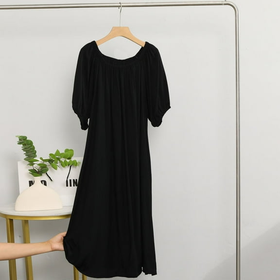 Xixinqiwan Women's Summer Sleepwear 2025 Comfy Puff Sleeves Scoop Neck Nightdress Loose Fit Short Sleeve Summer Nightgowns Pajamas Black L