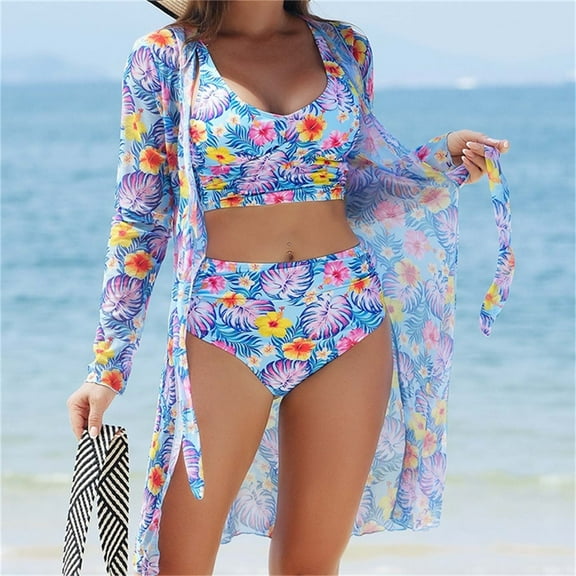 Xixinqiwan Women's Swimsuit Set on,Women Solid High Cut Lace Up Bathing Suit Tummy Control Push Up Bikini Set Three Piece Beach Swimwear