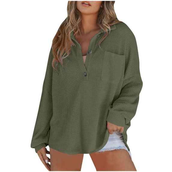 Xixinqiwan Women's Tops Long Sleeve Lightweight Sweatshirts Casual Loose Lapel Button Pullover Tops