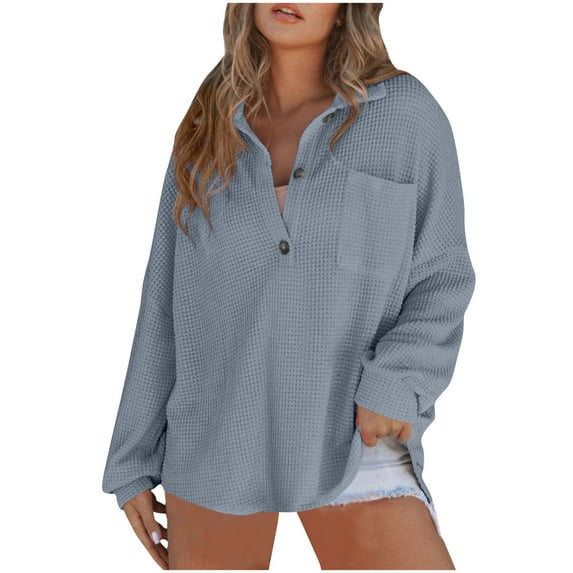 Xixinqiwan Women's Tops Long Sleeve Lightweight Sweatshirts Casual Loose Lapel Button Pullover Tops