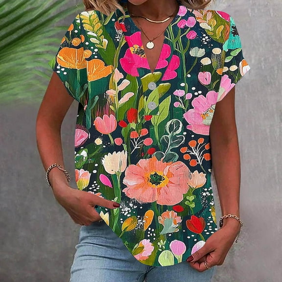 Xixinqiwan Women's Tops Plus Size V-Neck Loose Short Sleeve 2025 Summer Floral Printed T-Shirt Beach Vacation Casual Shirt