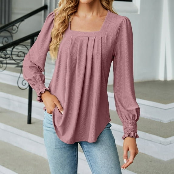 Xixinqiwan Women's Tunic Tops Long Sleeve Square Neck Pleated Dressy Casual Blouse