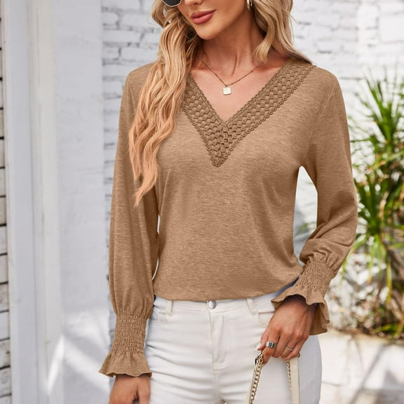 Xixinqiwan Women's V-Neck Tunic Blouse Casual Loose Lace Up Long Sleeve T-Shirt Tops
