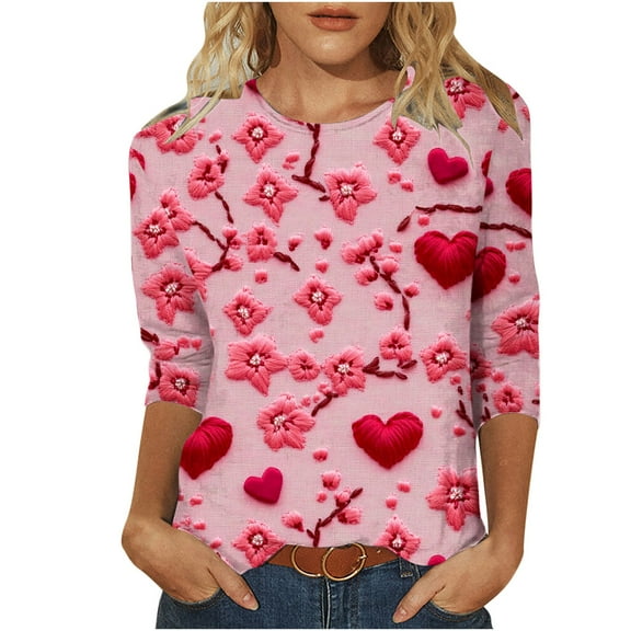 Xixinqiwan Women's Valentine's Day T-Shirt,Women's Long Sleeve Daily Weekend Fashion Basic Crewneck Regular Top Womens Tops