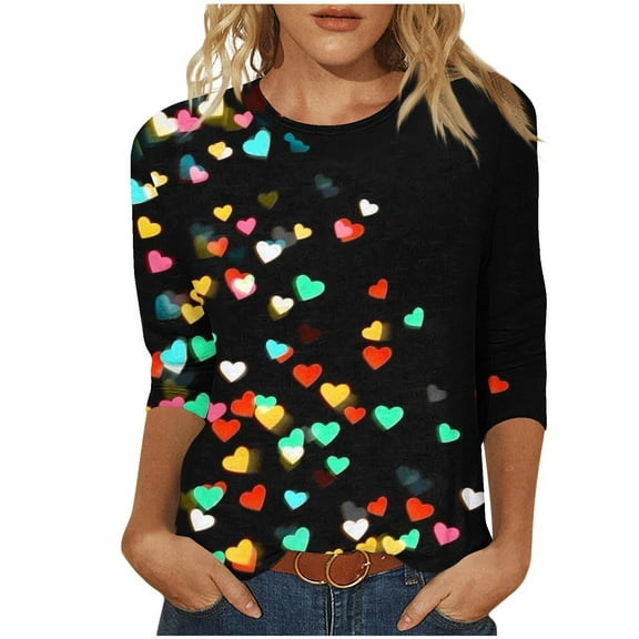 Xixinqiwan Women's Valentine's Day T-Shirt,Womens Valentine's Day Graphic Tees Long Sleeve Heart Printed Shirts Tunic Blouse