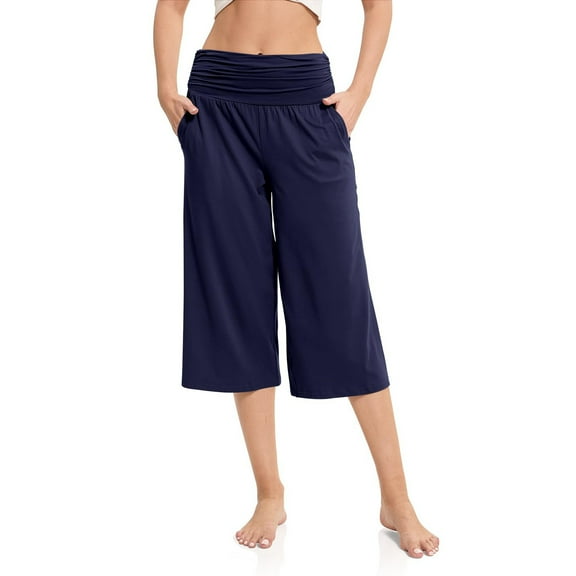 Xixinqiwan Women's Wide Leg Capri Pants Loose Lounge Cropped Pants Lightweight Elastic High Waist Comfy Yoga Capris with Pockets
