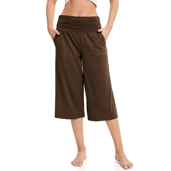 Xixinqiwan Women's Wide Leg Capri Pants Loose Lounge Cropped Pants Lightweight Elastic High Waist Comfy Yoga Capris with Pockets